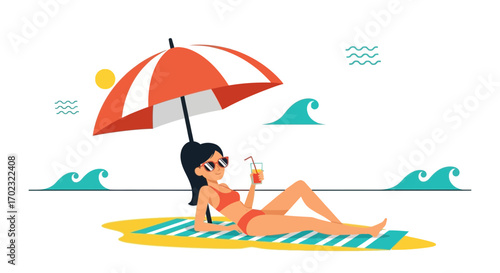 Relaxing Woman on Beach under Umbrella Enjoying Cocktail During Summer Vacation
