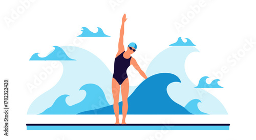 Swimming Illustration Depicting Athlete Entering The Sea Waters With Stylish Graphics