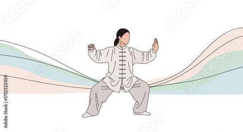 Tai Chi Practice Depicted In Line Art Style Displaying Serene Movements and Flow
