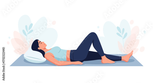 Relaxing woman poses comfortably on a mat, designed for wellness and healthcare, vector