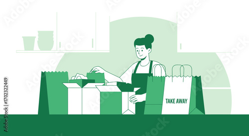 Restaurant Employee Preparing Takeaway Order in Kitchen, Delivering Food Into Bags Efficiently