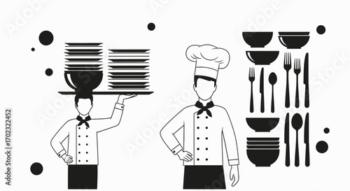 Restaurant Culinary Workers Serving Dishes with Cutlery Ready for Elegant Dining Experience