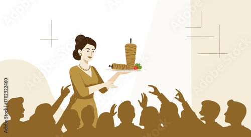 Restaurant Server Presenting Food to Excited Crowd, Food Delivery Concept Illustration