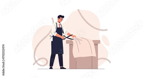 Tailor Cutting Fabric on a Table Using Scissors with Vector Illustration Style