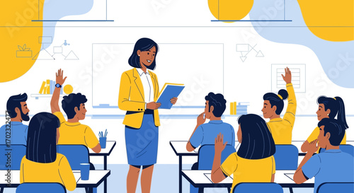 Teacher Conducting a Lesson in a Classroom with Students, Teaching Process Concept
