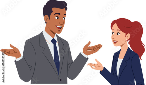 Happy business conversation between man and woman, office communication, corporate discussion, smiling professionals talking, teamwork collaboration, workplace dialogue.
