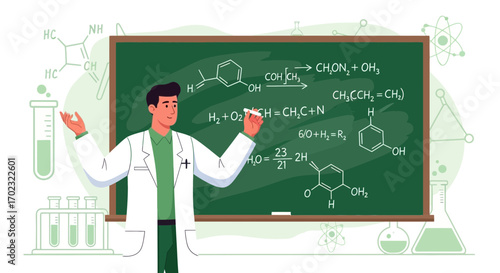 Teacher Explaining Chemistry Formulas On Blackboard For Educational Purposes