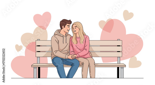 Romantic couple sitting on a bench holding hands with heart-shaped background