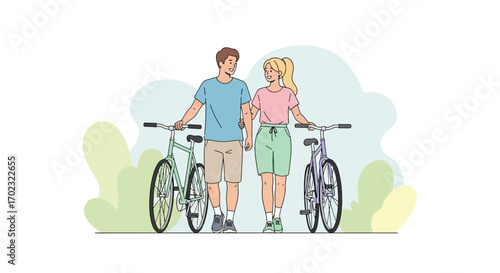 Romantic Couple Enjoys Bike Ride Together in Sunny Park, Embracing Happiness and Togetherness