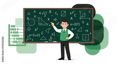 Teacher Explaining Mathematical Concepts On Chalkboard With Complex Equations And Formulas