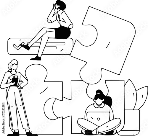 Creative team building a business, solving problems, female entrepreneurs collaborating, innovative solutions, modern businesswomen, teamwork, puzzle pieces, strategy session, business concept