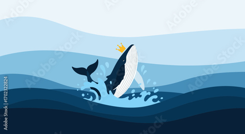 Royal Whale Breaching The Surface Of The Ocean Waves With A Crown Adornment