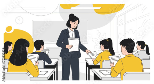 Teacher Passing Papers To Students In A Classroom Environment For Educational Purposes.