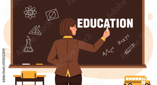 Teacher Illustrates Education On Blackboard With Various Science Icons, Education Concept