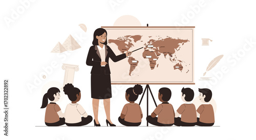 Teacher presenting a world map to students in a classroom or educational environment
