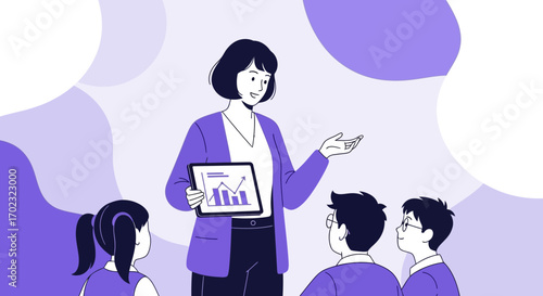 Teacher Presenting to Students with a Tablet showing Charts and Graphs Illustration