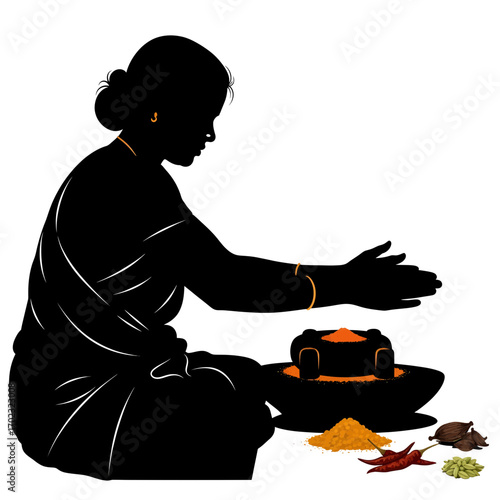 Woman grinding spices silhouette isolated on white background