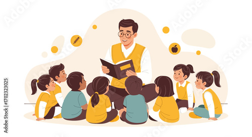 Teacher reading a book to students in a classroom, education and learning concept