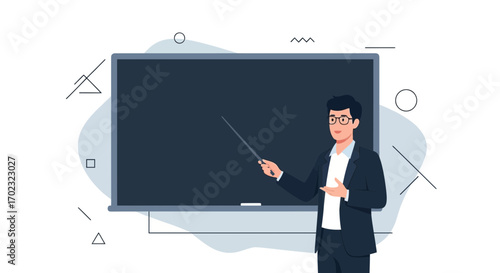 Teacher presenting on a blackboard with a pointer for education and communication uses
