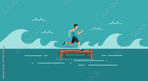 Runner Exercising On A Bench Over Water Against The Backdrop Of Gentle Waves