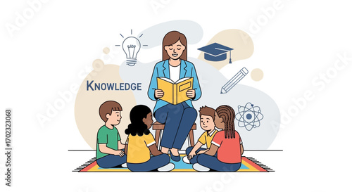 Teacher Reading To Children Around Her, Sharing Story And Spreading Knowledge