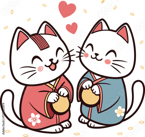 Two happy cats in kimonos cute cartoon