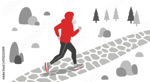 Runner In Red Running Up A Stone Path In A Modern Minimalist Style