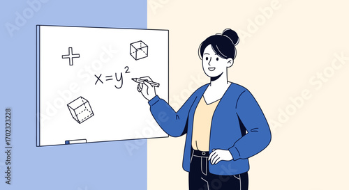 Teacher teaching math in classroom with whiteboard equations and geometric figures
