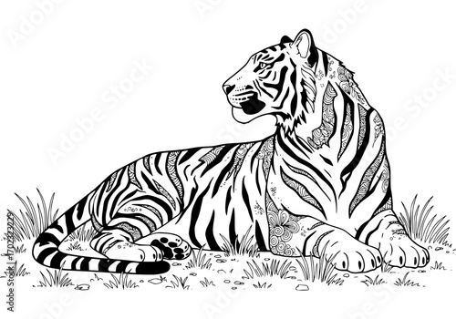 Majestic tiger lounging gracefully in tall grass, a striking black and white drawing with intricate decorative patterns, perfect for coloring books and designs