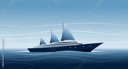 Sailing Yacht Illustration Amidst The Beautiful Blue Waves, A Graphic Art Concept