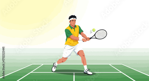 Tennis Player Executes Forehand Strike during Game at a Vibrant Green Court