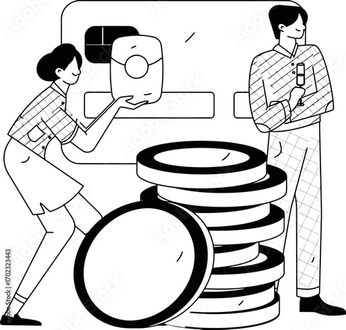 Modern design showcasing financial planning with a woman organizing coin stacks and a man celebrating success, emphasizing smart investment and growth strategies for a prosperous future