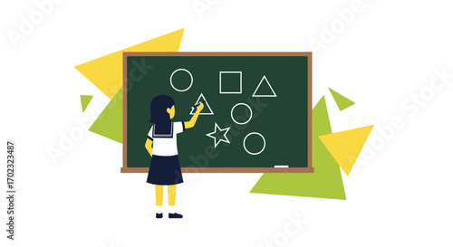 Schoolgirl Demonstrating Geometric Forms on Blackboard in Classroom Setting for Educational