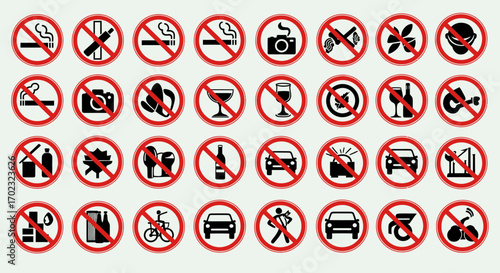Collection of Warning Signs Prohibiting Specific Activities and Items in Public and Private Spaces