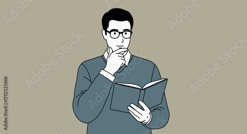 Thoughtful Man Considering Text Content While Reading a Book in Illustrated Digital Form