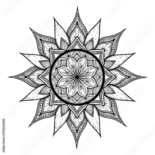 Detailed mandala art for coloring books, stress relief, and spiritual practices, perfect for creative projects and mindful relaxation, intricate floral design