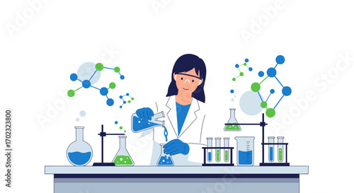 Scientist Conducting Experiment In Laboratory With Chemical Reaction Illustration