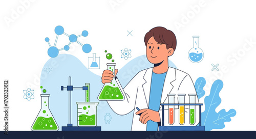 Scientist Conducting Chemical Experiments in a Laboratory with Various Equipment