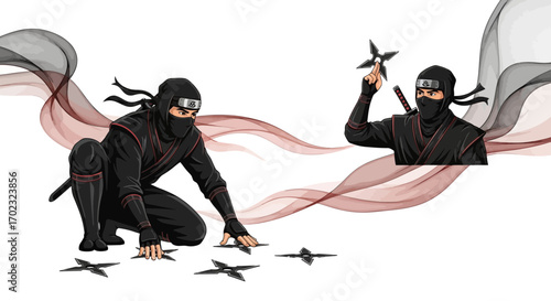 Ninja Illustration with Shurikens and Flowing Fabric on a White Background