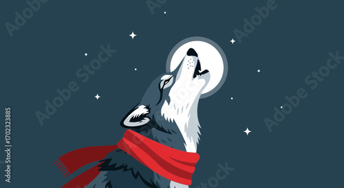 Nocturnal Howl: Majestic Wolf Silhouetted Beneath a Glowing Lunar Orb in Celestial Scene