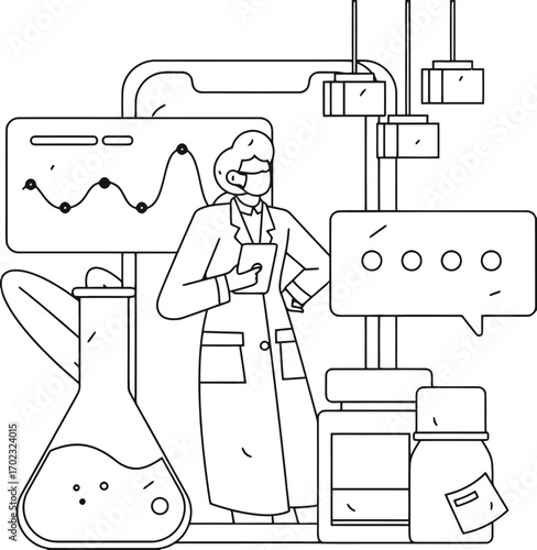 Modern scientist in lab coat analyzing data on digital screens, a sleek design for technology, healthcare, and scientific innovation projects, conveying expertise and advancement