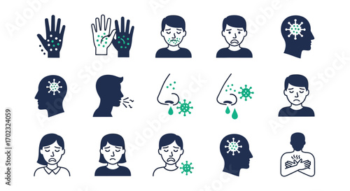 Collection of Icons Illustrating Various Symptoms and Signs of Viral Infections and Illnesses Including Hand Contamination and Respiratory Issues Affecting People