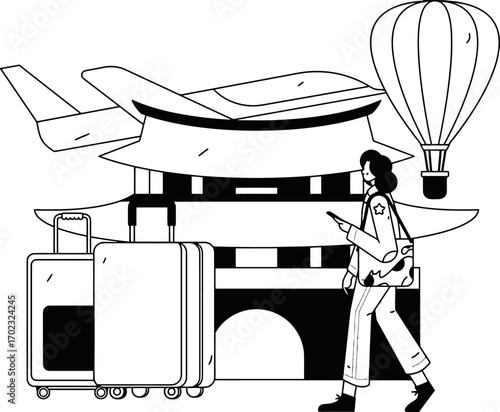 Stylish traveler with luggage arrives in Asia, ready for adventure, airplane and hot air balloon enhance the excitement, minimalist illustration for travel blogs and tourism ads