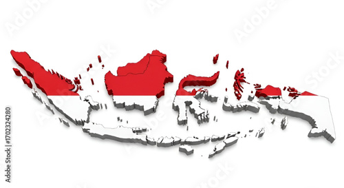 3D map of Indonesia with national flag isolated on white background