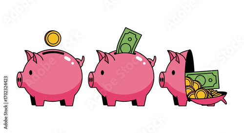 Piggy Bank Evolution From Deposit To Full Savings Showing Coins And Bills With Growth Concept