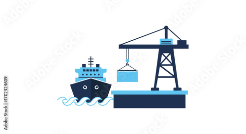 Industrial port scene with a cargo ship being loaded by a large crane