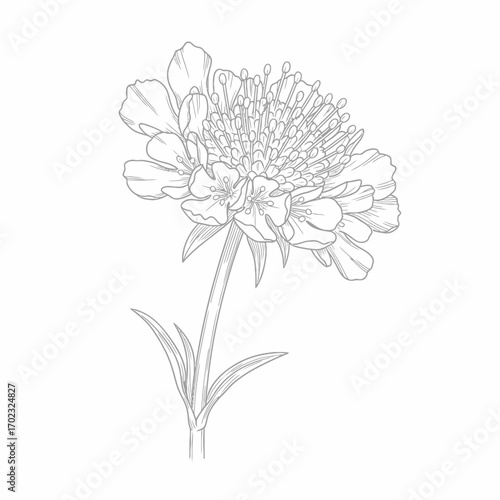A delicate line drawing of a single scabiosa flower with intricate details on its petals and stamens, set against a white background.