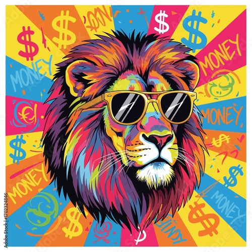 Vibrant pop art illustration of a cool lion wearing sunglasses against a background of money signs