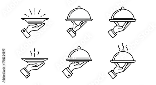 Collection of Icons Depicting Hands Presenting Food Service Platters and Plates with Various Steam and Sparkle Effects Illustrating Delicious Meals