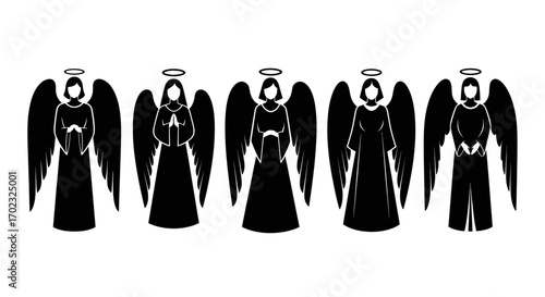 Five Silhouette Angel Figures with Wings and Halos Representing Heavenly Beings in Stylized Form for Spiritual or Religious Themes